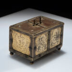 Micheal Mann, Small gilt and engraved iron chest, Germany 1570 Engravings depicting profiles of warriors and masks, fitted with origin key; total weight gr. 194.