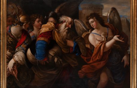 Telearte collezione dipinti antichi - Giuseppe Nuvolone (San Gimignano, 1619 - Milano, 1703) Angelo guida la famiglia di Lot fuori da Sodoma Olio su tela, cm est. 161x218, int. 145x203