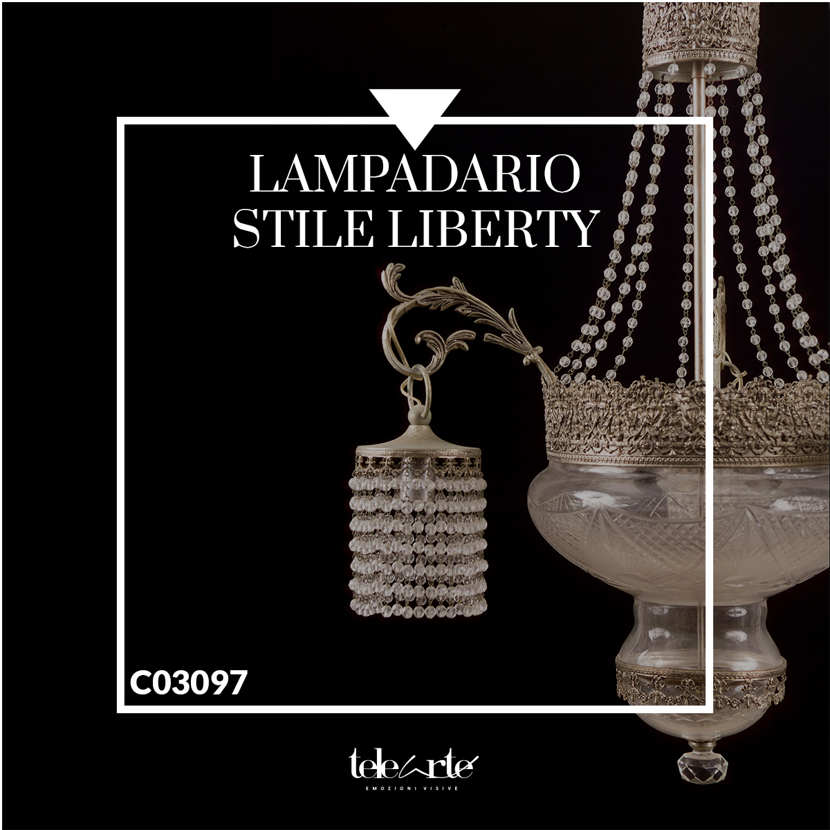 Telearte collezione arte antica e antiquariato online -LAMPADARIO STILE LIBERTY, 6 luci, decorato a cristalli limpidi e parti in metallo argentato.